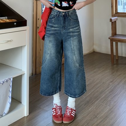 3MER哦哦三妹美式复古牛仔裤女夏新款八分裤宽松阔腿短裤直筒裤子