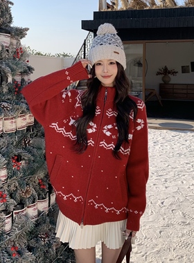 3MER哦哦三妹费尔岛圣诞红色立领毛衣外套女秋冬慵懒宽松针织开衫