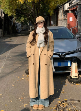 3MER哦哦三妹羊毛双面呢大衣女冬季韩系慵懒人字纹中长款毛呢外套