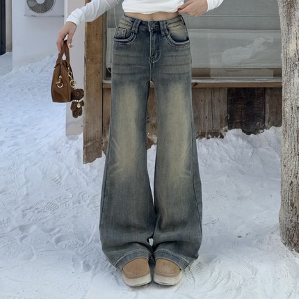 3MER哦哦三妹美式复古做旧不贴腿加绒微喇牛仔裤女冬宽松阔腿裤子
