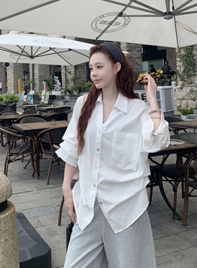3MER哦哦三妹韩系V领泡泡袖白色衬衫女秋设计感气质宽松收腰上衣