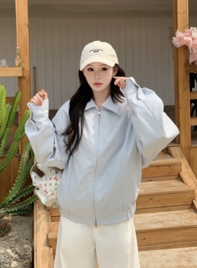 3MER哦哦三妹韩系复古蓝色翻领外套女春季慵懒松弛感宽松夹克外套