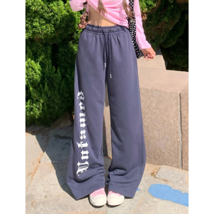 3MER哦哦三妹 美式做旧字母藏蓝色直筒休闲裤女宽松垂感阔腿卫裤