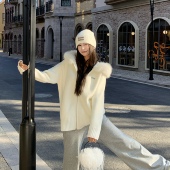 3MER哦哦三妹软糯慵懒风连帽毛领针织开衫 女秋冬加厚温柔毛衣外套