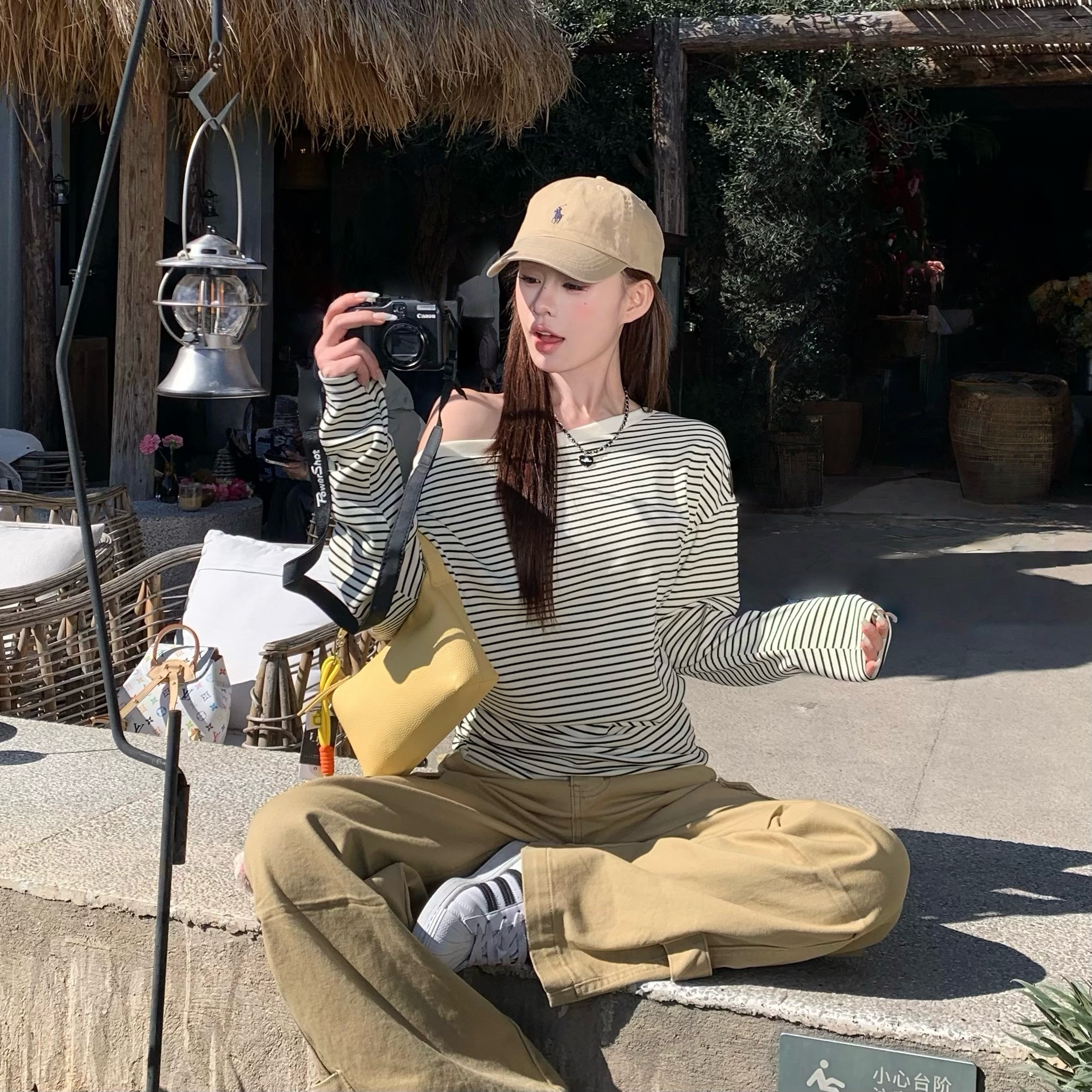 3MER哦哦三妹 美式复古斜肩条纹长袖T恤女春韩系慵懒宽松收腰上衣