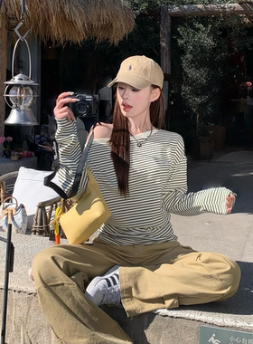 3MER哦哦三妹 美式复古斜肩条纹长袖T恤女春韩系慵懒宽松收腰上衣