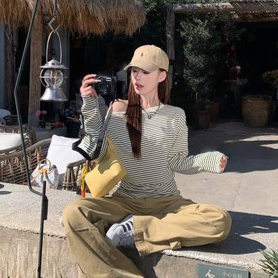 3MER韩女收腰斜肩条纹长袖T