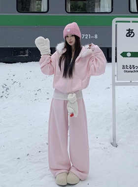 3MER哦哦三妹可拆卸毛领加绒卫衣套装女冬慵懒休闲阔腿裤子两件套