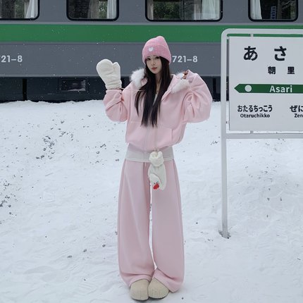 3MER哦哦三妹可拆卸毛领加绒卫衣套装女冬慵懒休闲阔腿裤子两件套