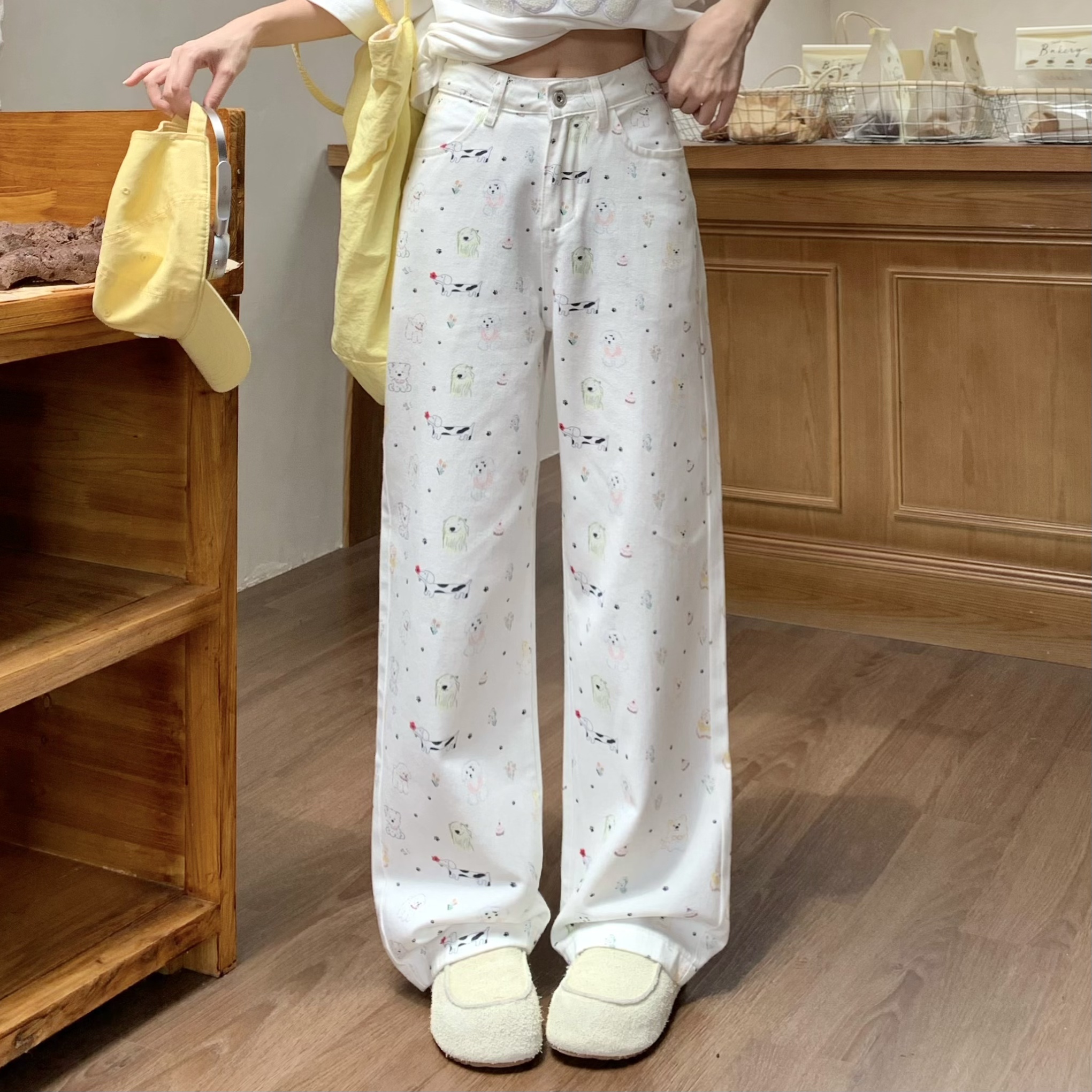 3MER哦哦三妹韩系小狗印花白色直筒牛仔裤女设计感宽松休闲长裤子