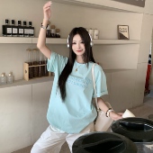 新款 3MER哦哦三妹薄荷绿刺绣短袖 T恤女2025夏季 慵懒宽松百搭上衣