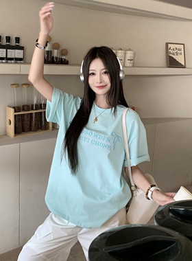 3MER哦哦三妹薄荷绿刺绣短袖T恤女2025夏季新款慵懒宽松百搭上衣