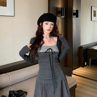 3MER哦哦三妹 波点拼接条纹内搭打底衫女秋冬长袖修身方领t恤上衣