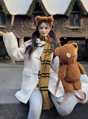 3MER哦哦三妹白色圈圈毛呢牛角扣呢子大衣女秋冬复古加厚毛呢外套