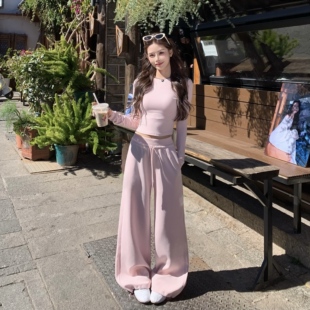 T恤阔腿裤 3MER哦哦三妹 修身 女长袖 子两件套 韩系慵懒粉色休闲套装