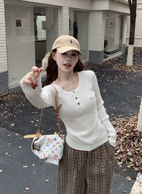 3MER哦哦三妹美式复古麻花针织毛衣女秋季新款修身长袖打底衫上衣