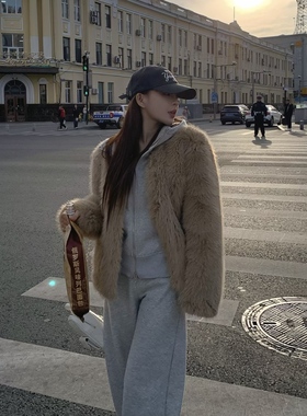 3MER哦哦三妹 仿狐狸毛高级感深棕色毛毛外套女秋冬保暖毛绒上衣