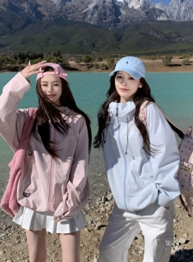 3MER哦哦三妹 韩系蓝色连帽轻薄外套女2026春季新款拉链夹克外套