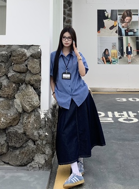 3MER哦哦三妹 韩系慵懒蓝色格子短袖衬衫女2025夏季新款宽松上衣