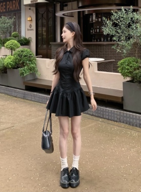 3MER哦哦三妹 复古学院风条纹衬衫连衣裙女夏季收腰显瘦a字短裙子