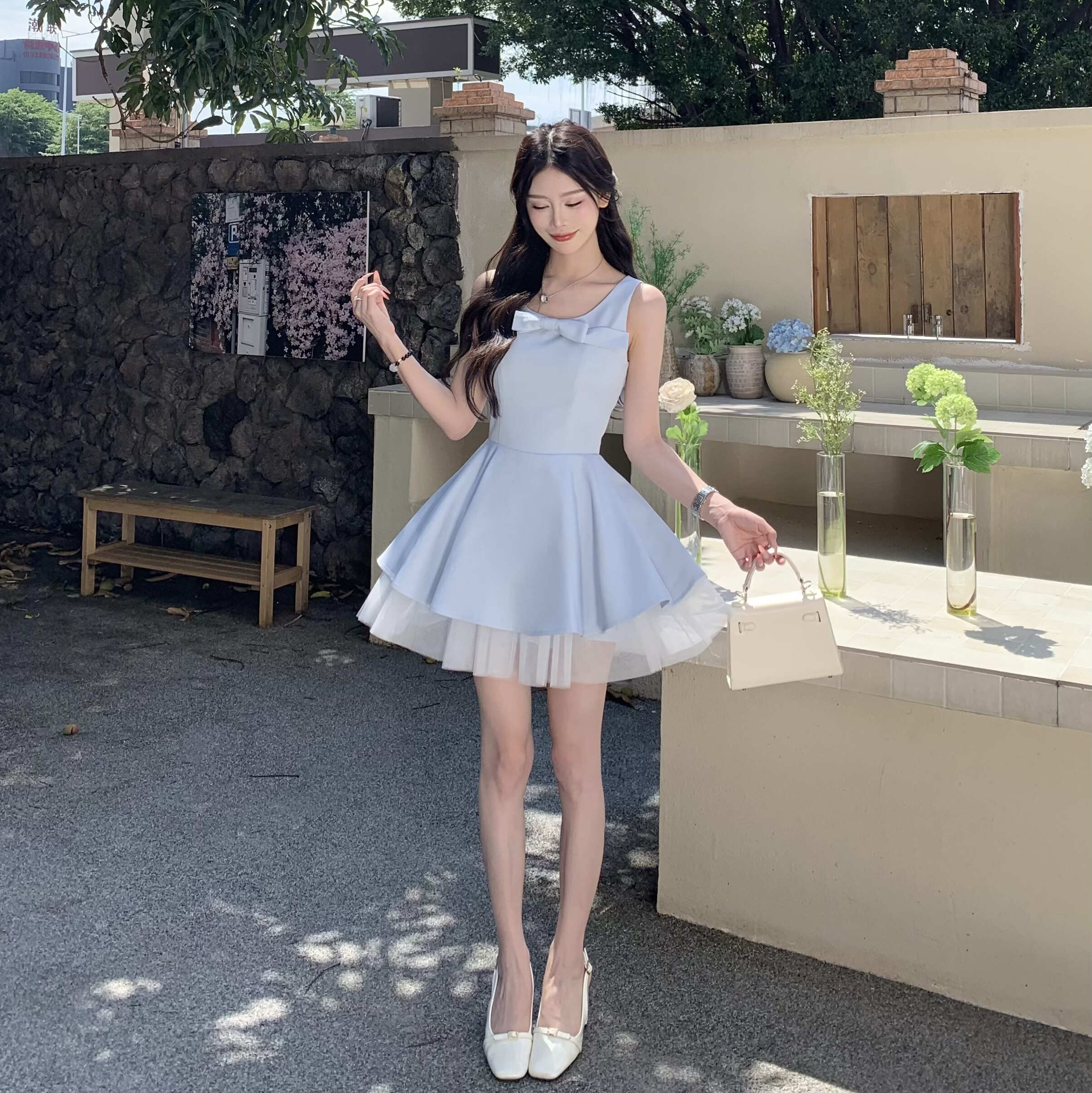 3MER哦哦三妹千金风网纱拼接吊带连衣裙女收腰显瘦蓬蓬短裙小礼裙