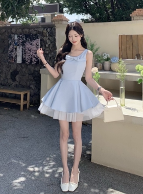 3MER哦哦三妹千金风网纱拼接吊带连衣裙女收腰显瘦蓬蓬短裙小礼裙