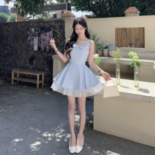 3MER哦哦三妹千金风网纱拼接吊带连衣裙女收腰显瘦蓬蓬短裙小礼裙