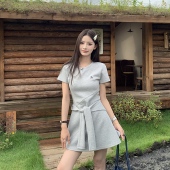 新款 3MER哦哦三妹灰色刺绣短袖 连衣裙女2025夏季 韩系收腰a字短裙