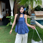 3MER哦哦三妹度假风蓝色格子吊带背心女夏季 韩系显瘦无袖 抹胸上衣