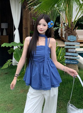 3MER哦哦三妹度假风蓝色格子吊带背心女夏季韩系显瘦无袖抹胸上衣
