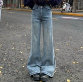 女秋冬复古显瘦直筒拖地裤 3MER哦哦三妹 猫须不贴腿微喇牛仔裤 子