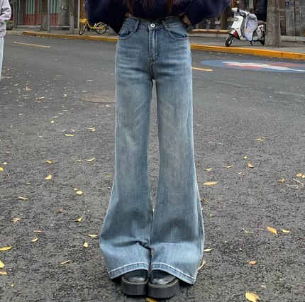 3MER哦哦三妹 猫须不贴腿微喇牛仔裤女秋冬复古显瘦直筒拖地裤子