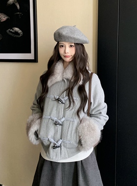 3MER哦哦三妹宅女牛角扣毛领夹棉加厚外套女冬季保暖短款毛呢大衣