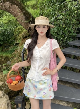 3MER哦哦三妹 韩系白色荷叶边V领短袖衬衫女夏季收腰显瘦正肩上衣