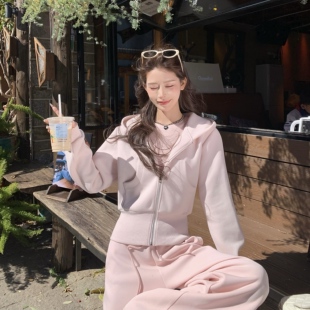 3MER哦哦三妹 韩系慵懒收腰连帽短款开衫卫衣女春季新款拉链外套