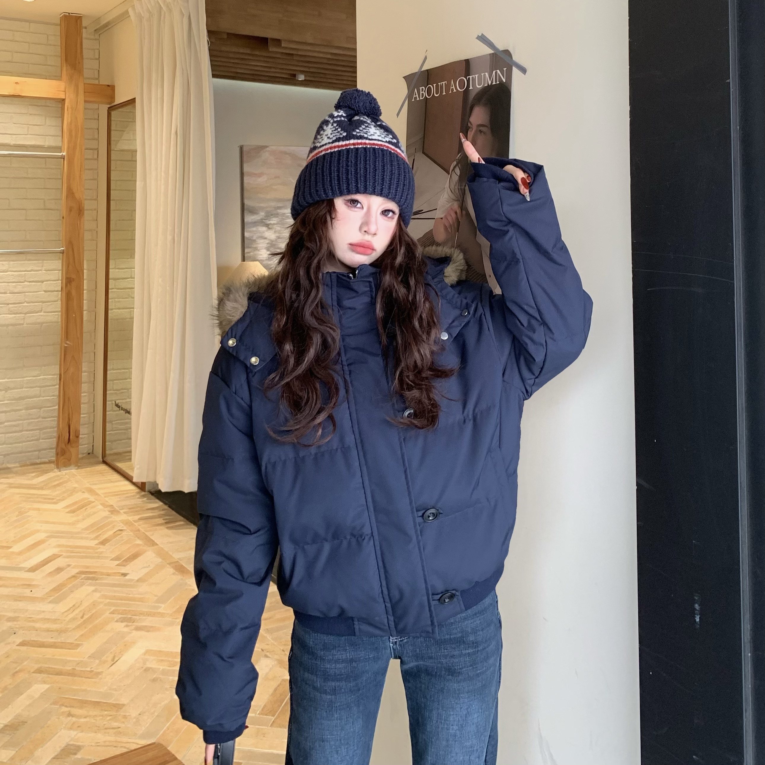 3MER哦哦三妹 菲奥娜 藏青色毛领连帽90羽绒服女冬季保暖短款外套,女装/女士精品,羽绒服,淘宝优惠券,粉丝福利购,淘宝优惠卷