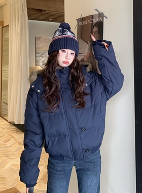 3MER哦哦三妹 菲奥娜 藏青色毛领连帽90羽绒服女冬季保暖短款外套