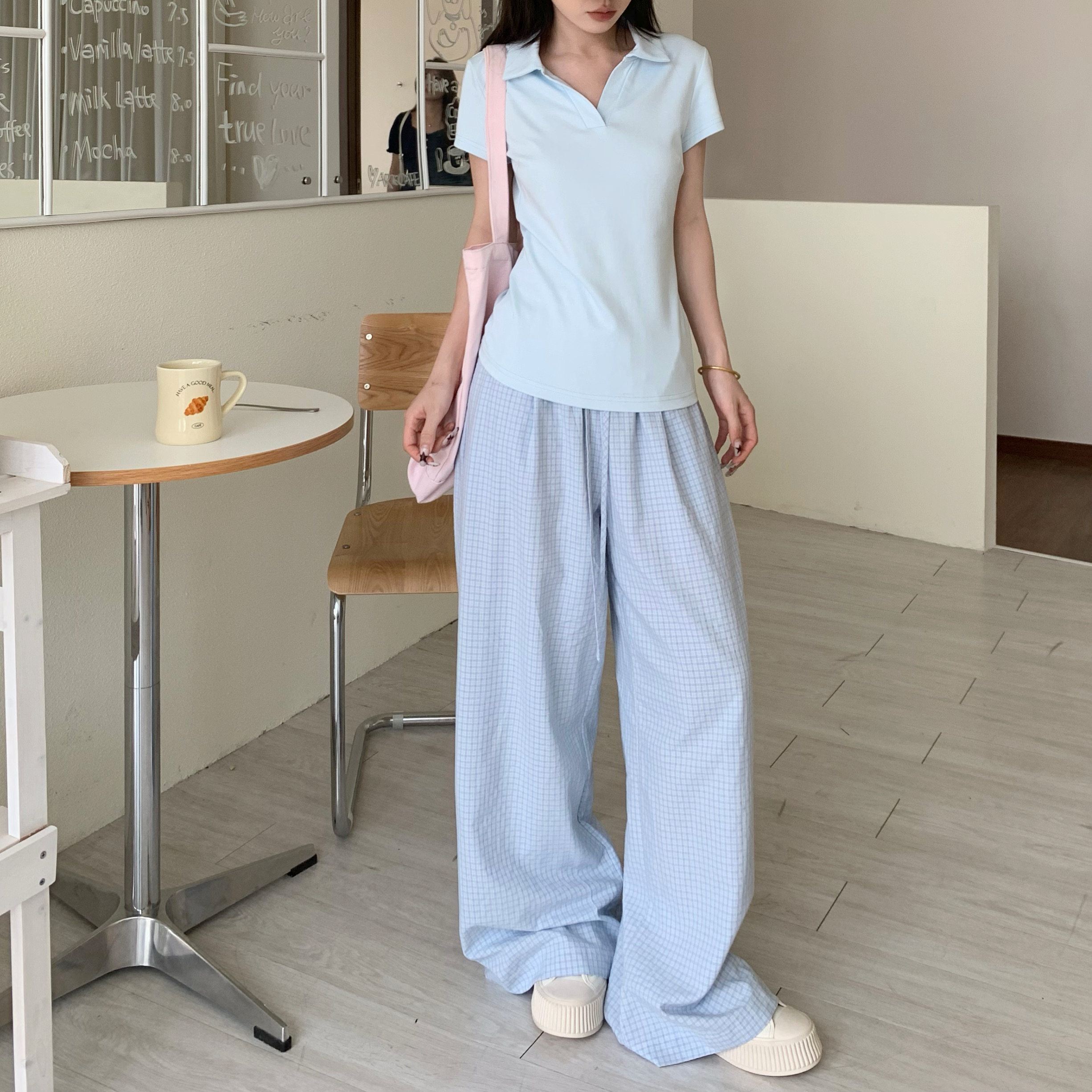 3MER韩女慵懒感凉快格子裤图片