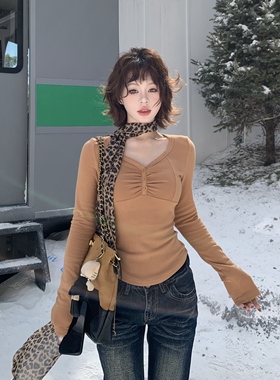 3MER哦哦三妹 纯欲桃心领加绒内搭打底衫女秋冬季修身长袖T恤上衣