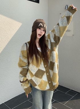 3MER哦哦三妹 复古慵懒风菱格V领针织开衫女秋冬新款加厚毛衣外套
