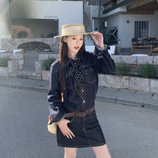 3MER哦哦三妹 韩系复古蓝色牛仔连衣裙女春季长袖气质显瘦短裙子