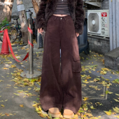 3MER哦哦三妹美式 子 女秋冬显瘦直筒裤 复古重工水洗咖色工装 牛仔裤