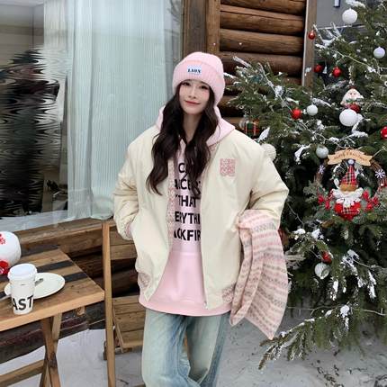 3MER哦哦三妹美式拼接夹棉棒球服女宽松2025秋冬新款翻领夹克外套