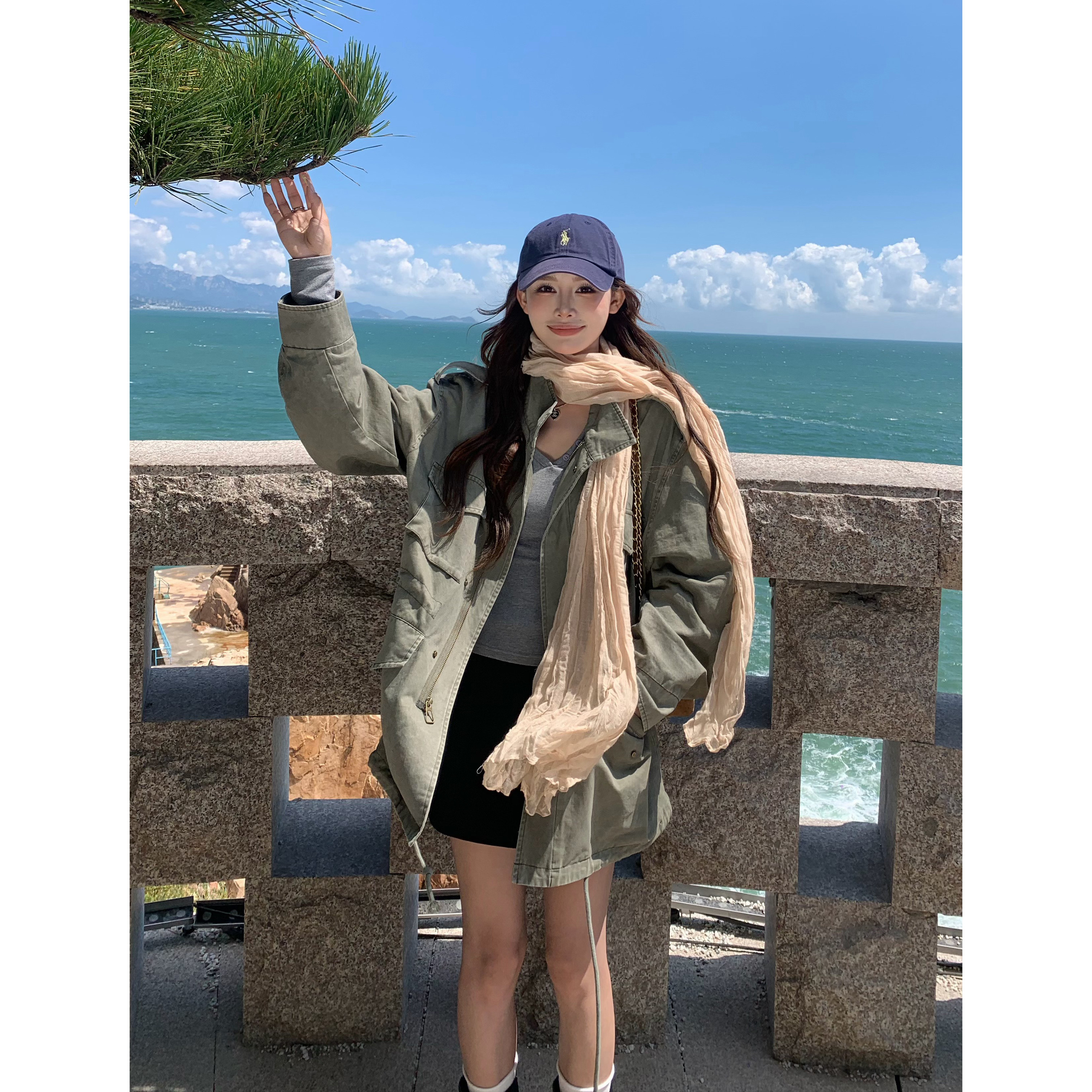 3MER哦哦三妹军绿色多口袋工装牛仔外套女秋季慵懒风宽松夹克上衣