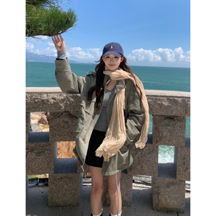 3MER哦哦三妹军绿色多口袋工装牛仔外套女秋季慵懒风宽松夹克上衣