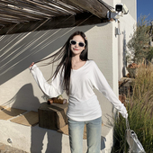 打底衫 3MER哦哦三妹韩系慵懒感V领显瘦长袖 T恤女2025春秋新款 上衣