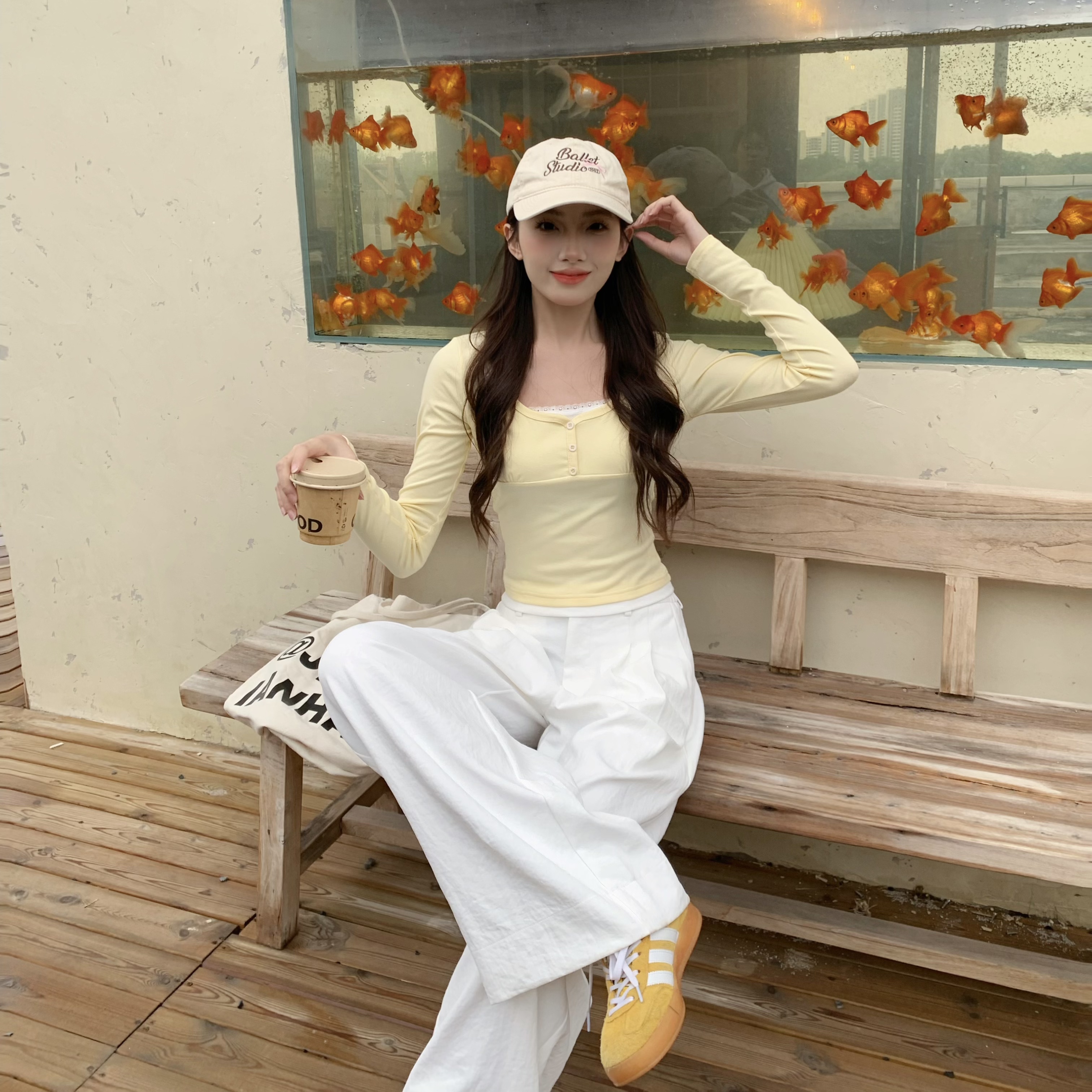 3MER假两件长袖T恤女撞色