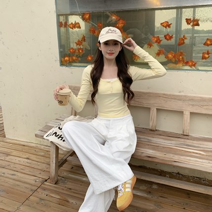 3MER哦哦三妹假两件长袖T恤女修身显瘦春新款撞色内搭打底衫上衣