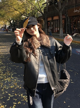 3MER哦哦三妹可拆卸毛领黑色夹棉皮衣外套女秋冬新款保暖夹克棉服