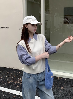 3MER哦哦三妹高智感韩系假两件条纹毛衣衬衫女秋季设计感小众上衣